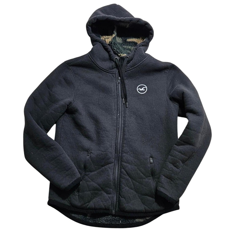 Hollister Mens‎ XS Black Sherpa Lined Camo Zip Up Hoodie Jacket 322142170 *